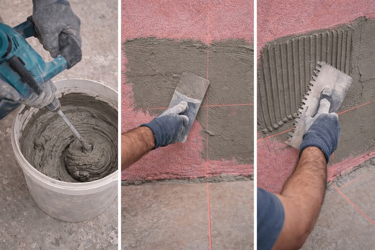 Aplicarea adezivului pentru gresie cu spatulă dințată de 8-10 mm