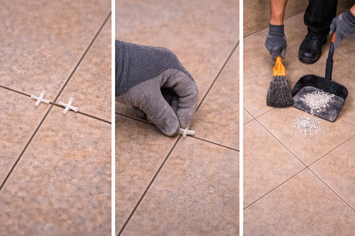 Gresie montată în proces de uscare cu distanțieri încă montați